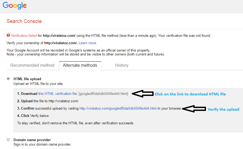 verify the property using Google HTML File upload