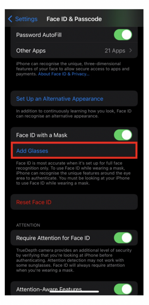 set up Face ID with Glasses