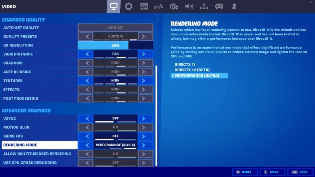 turn on performance mode on fortnite